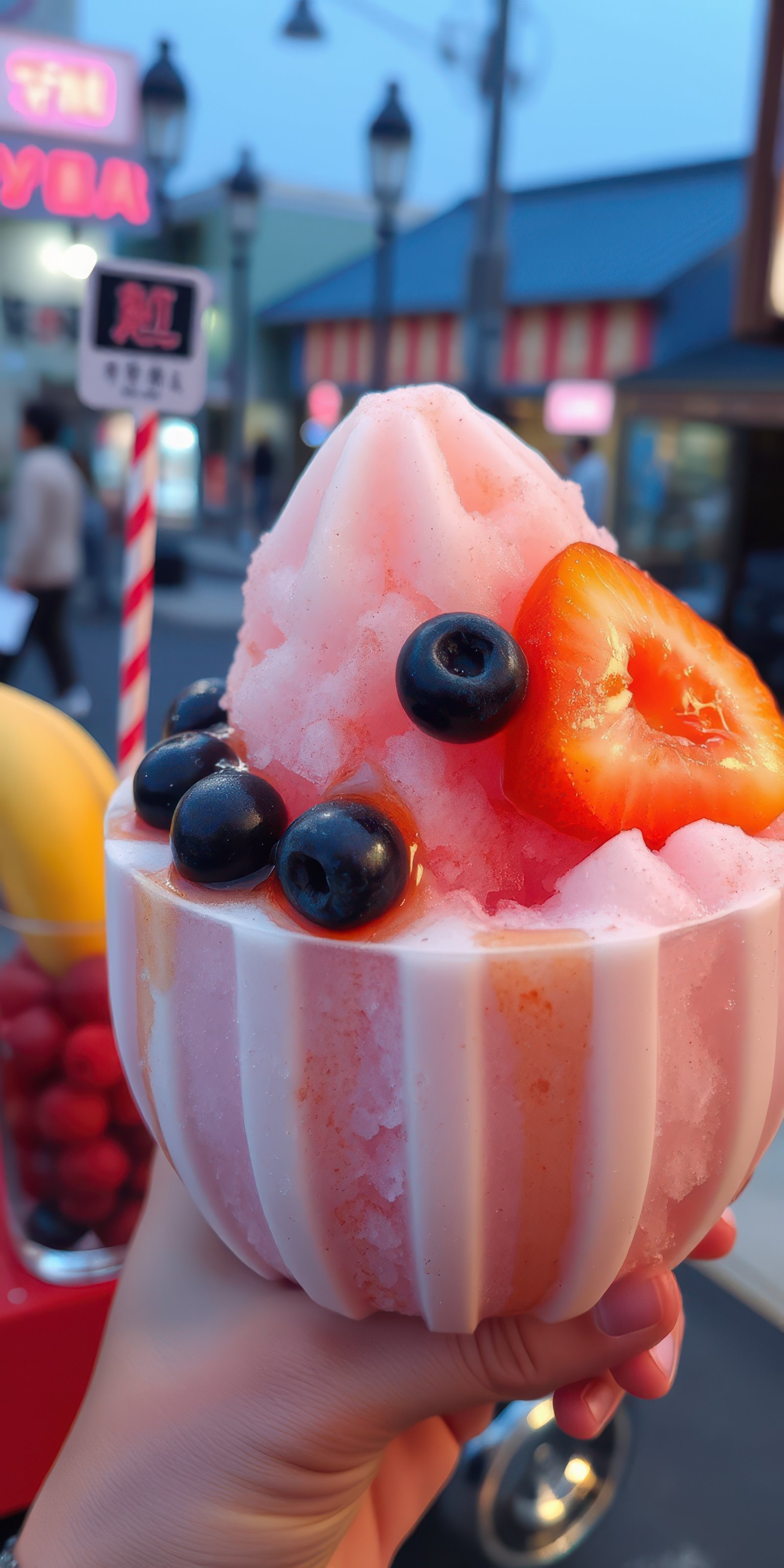 Colorful dessert topped with berries and banana enjoyed in a lively urban setting during the evening